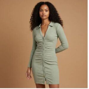 Abercrombie & Fitch Button Front Ruched Long Sleeve Dress Green Size Medium